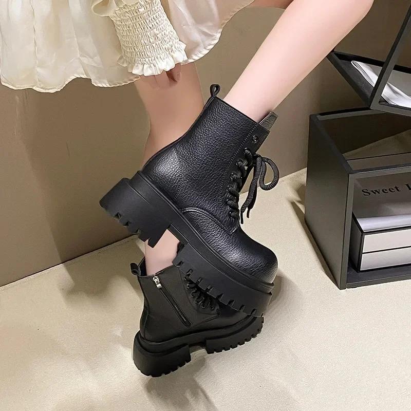 Модные 7 см Женские Ботильоны на Толстом Каблуке на Шнуровке Черные Массивные Ботинки Новые 2024 Зимние Кожаные Ботинки Женские Ботинки на Платформе Панк Высокий Каблук