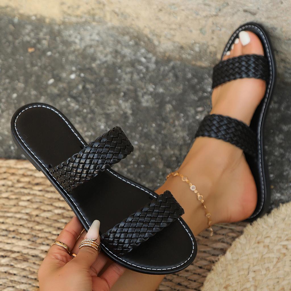 Fashion Women Slippers Large Size Flat Bottom Sandals Summer Simple Woven Outdoor Beach Slippers Comfortable Slip-On Shoes Slides Women