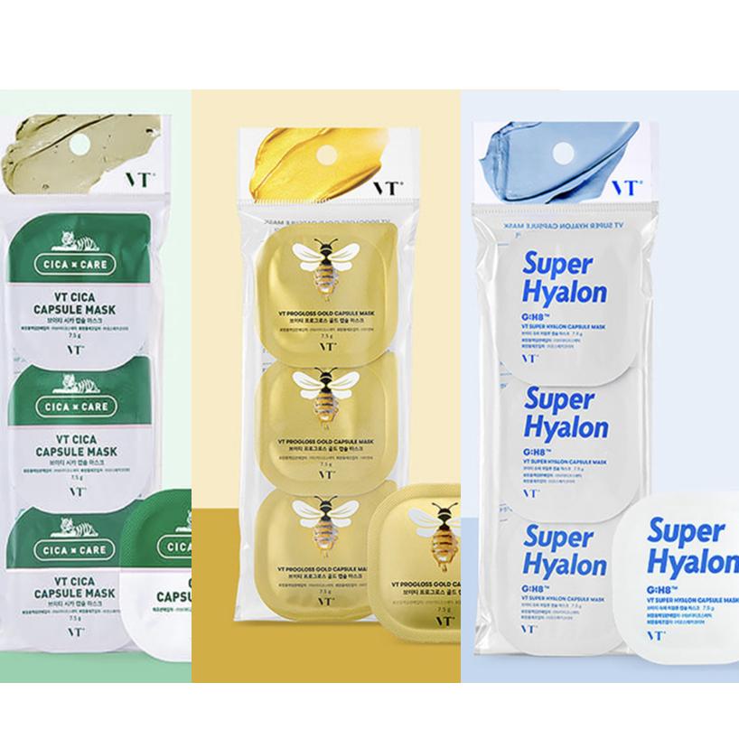 VT Капсульная маска 7,5 г x 3 шт./ Cica, Progloss Gold, Super Hyalon/ Осветляющая, Увлажняющая, Корейская косметика, Kbeauty