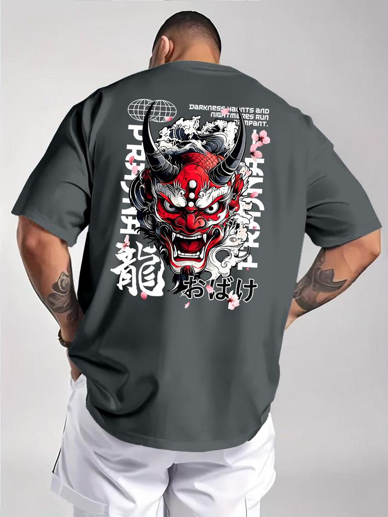 Мужская футболка с принтом японского демона Они на спине, с акцентом на плотный хлопок, повседневного кроя, с круглым вырезом, топы для косплея