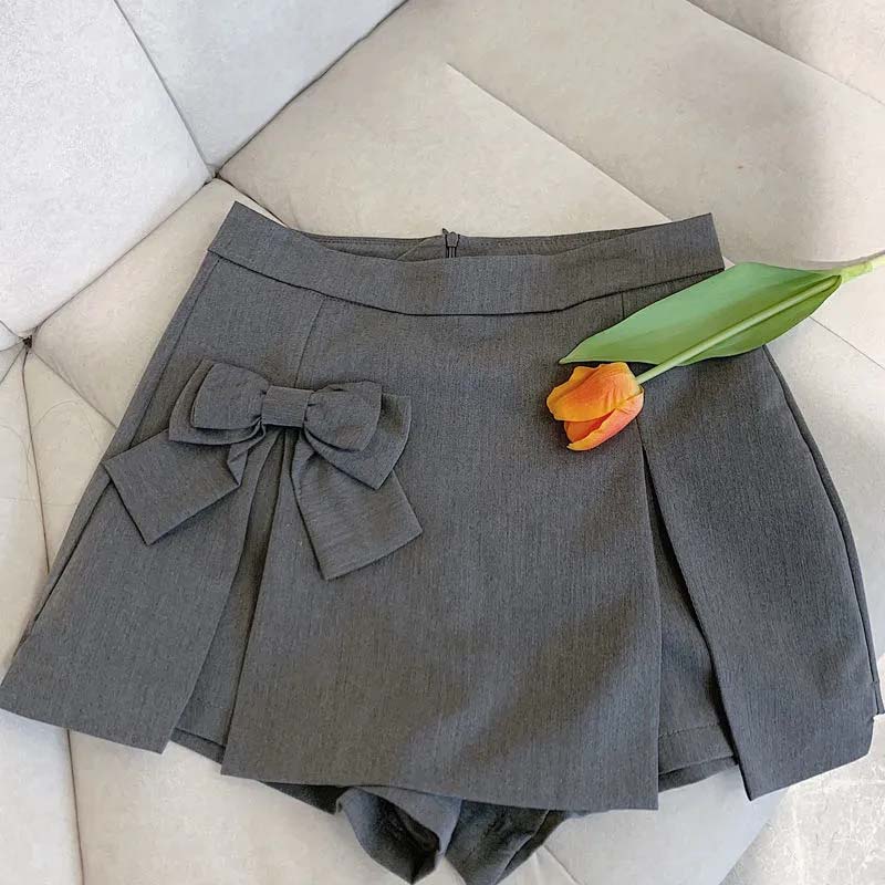 Bow Design High Waist Women A-line Pleated Skirt Grey Suit Skirts Elegant Temperament Sweet Casual Spring Summer Korean Fashion