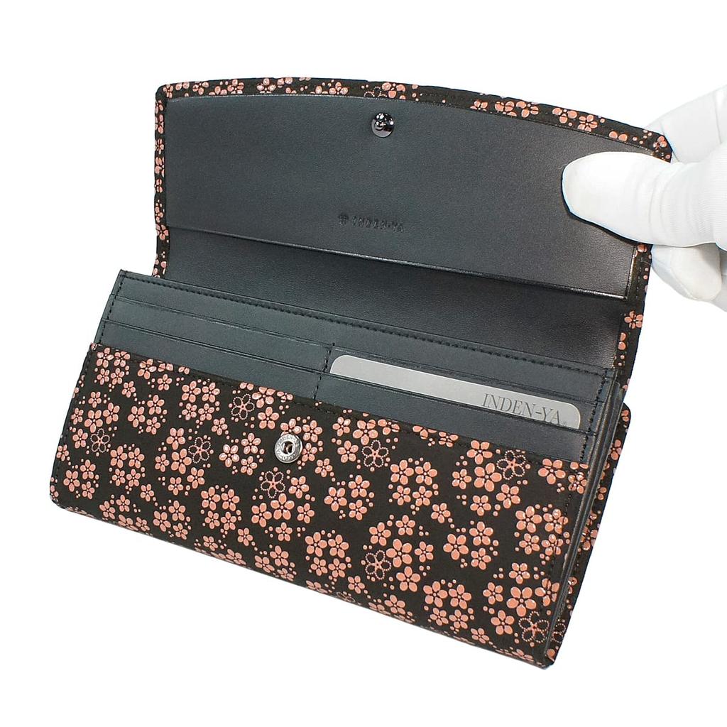 Inden Long Bundle Large Black Background X Pink Pattern [Indenya] Wallet, S, Capacity, Deerskin, Lacquer, Forget-me-not 2310-51-181