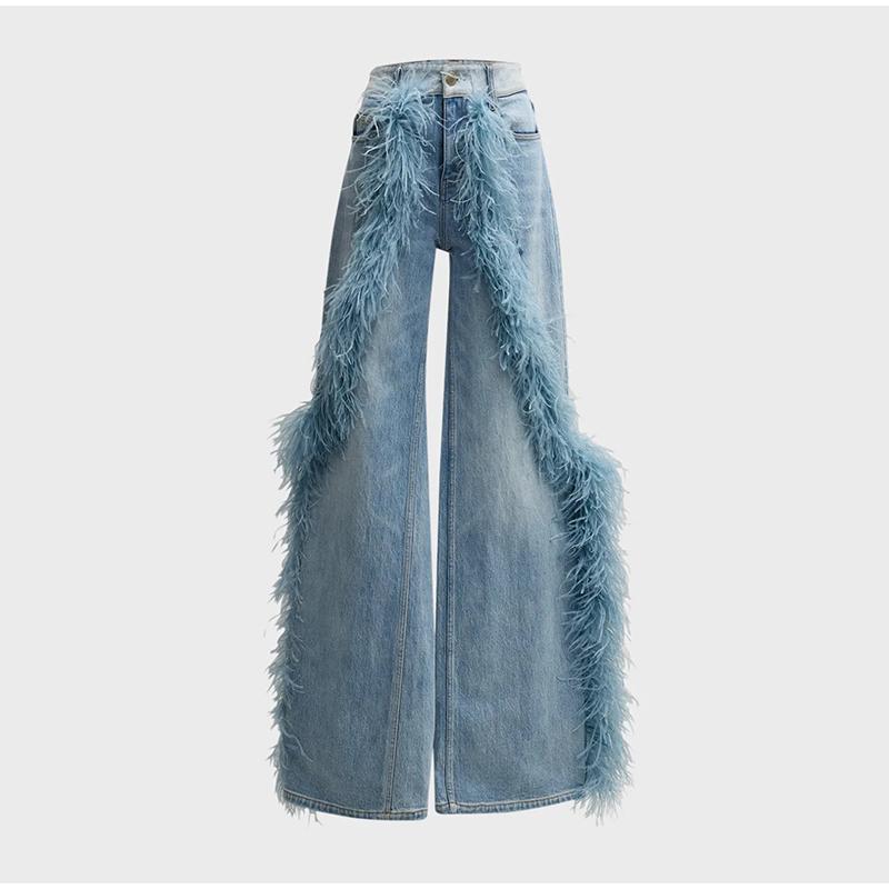 Feather Spliced Washed Jeans Women Baggy Wide Leg Denim Pants Y2K High Waist Fashion Streetwear 2025 Spring Straight Jean Trousers