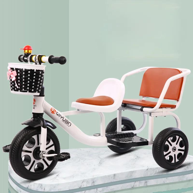 Children's Tandem Trike Kids Tricycle with Passenger Seat Storage Basket Toddler Pedal Bicycle Anti Slip for Backyard/Outdoor