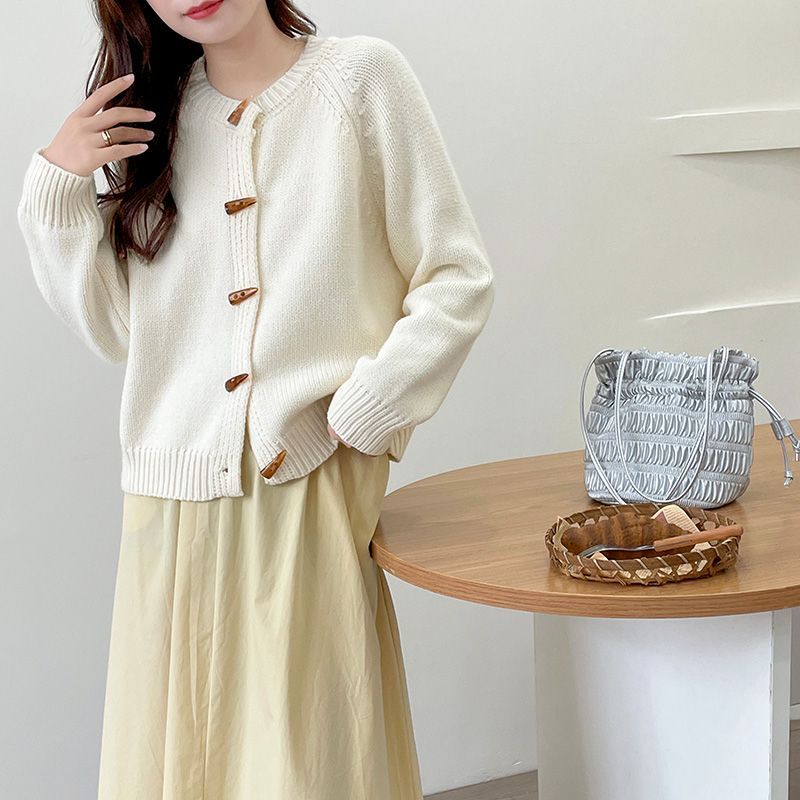 Кардиган на пуговицах с коровьим рогом, женское пальто 2023, осень/зима, свитер с длинными рукавами, вязаная верхняя одежда с круглым вырезом, женский кардиган