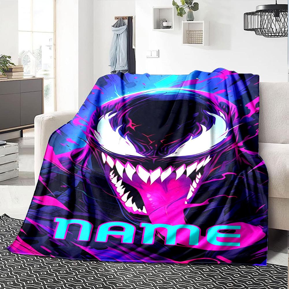 Venom Character With Vibrant Neon Colors And The Word Displayed Below It Multipurpose Personalized Blanket Personalized Text Comfortable Texture