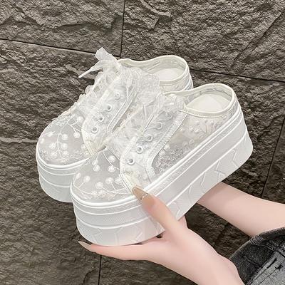 Новые сетчатые полые полушлепанцы с закрытым носком для женской обуви на плоской подошве, платформа 7,5 см, шнуровка, роскошные уличные шлепанцы