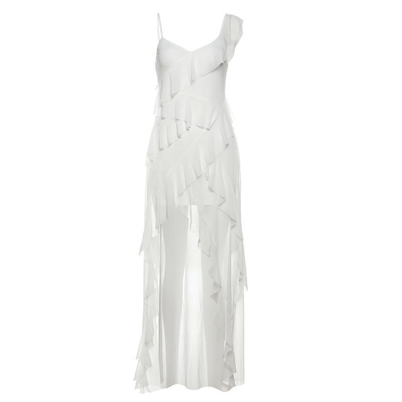 Women's White Ruffled High Low Maxi Dress Sexy V-Neck Spaghetti Strap Backless Bodycon Party Dress