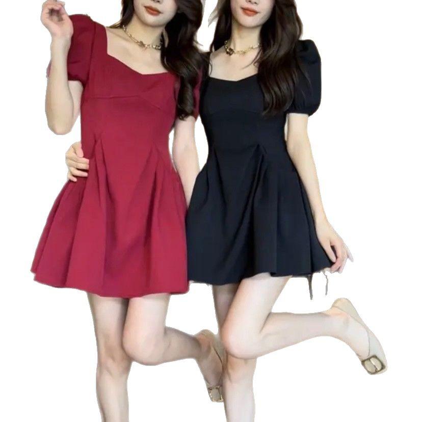 Летнее платье с квадратным вырезом, пышными рукавами и драпировкой, стройнящее фигуру, для женщин