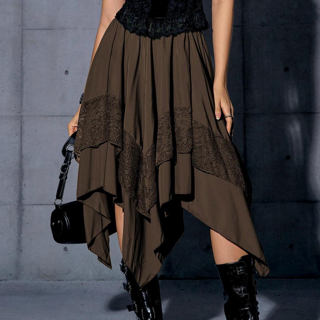 Women's Flowy Skirt Contrast Lace Layered Asymmetrical Midi Skirts