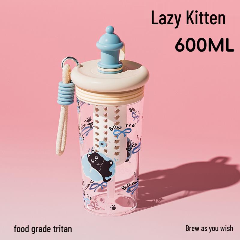 Portable Cute Tritan Water Cup with Tea Filter & Straw – Cartoon Design, Perfect for Students