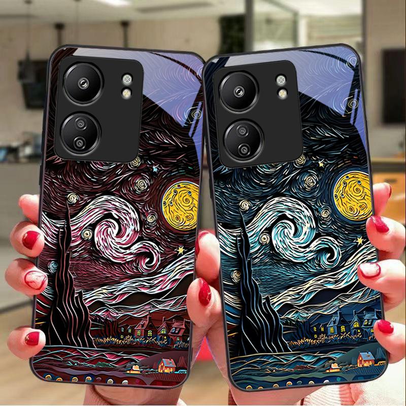 Ретро Масляная Живопись Для Xiaomi Redmi 13C Note13 12 Pro Plus 5G Note 9 13T Pro POCO X6 F5 F6 Черный Чехол для Телефона из Закаленного Стекла