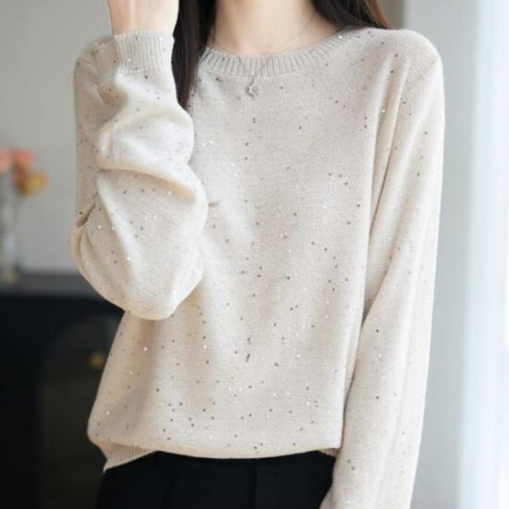 Navava Women Vintage Pearl Round Neck Long Sleeve Knit Top Nk3247