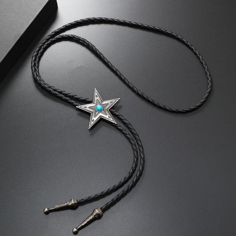 PU Woven Turquoise Feather Necklace Boho Bronze Butterfly Choker Five-pointed Star Bolo Tie  Men
