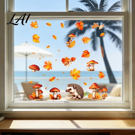 Static Window Film 2PCS Autumn Hedgehog Clings Fall Maple Leaf Mushroom Glass Stickers Clings No-Adhesive Decals for Home Store Coffee Shop
