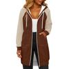 Women's Fashionable Color Blocked Long Sleeved Drawstring Hooded Zipper Pocket Long Casual Sweatshirt Jacket