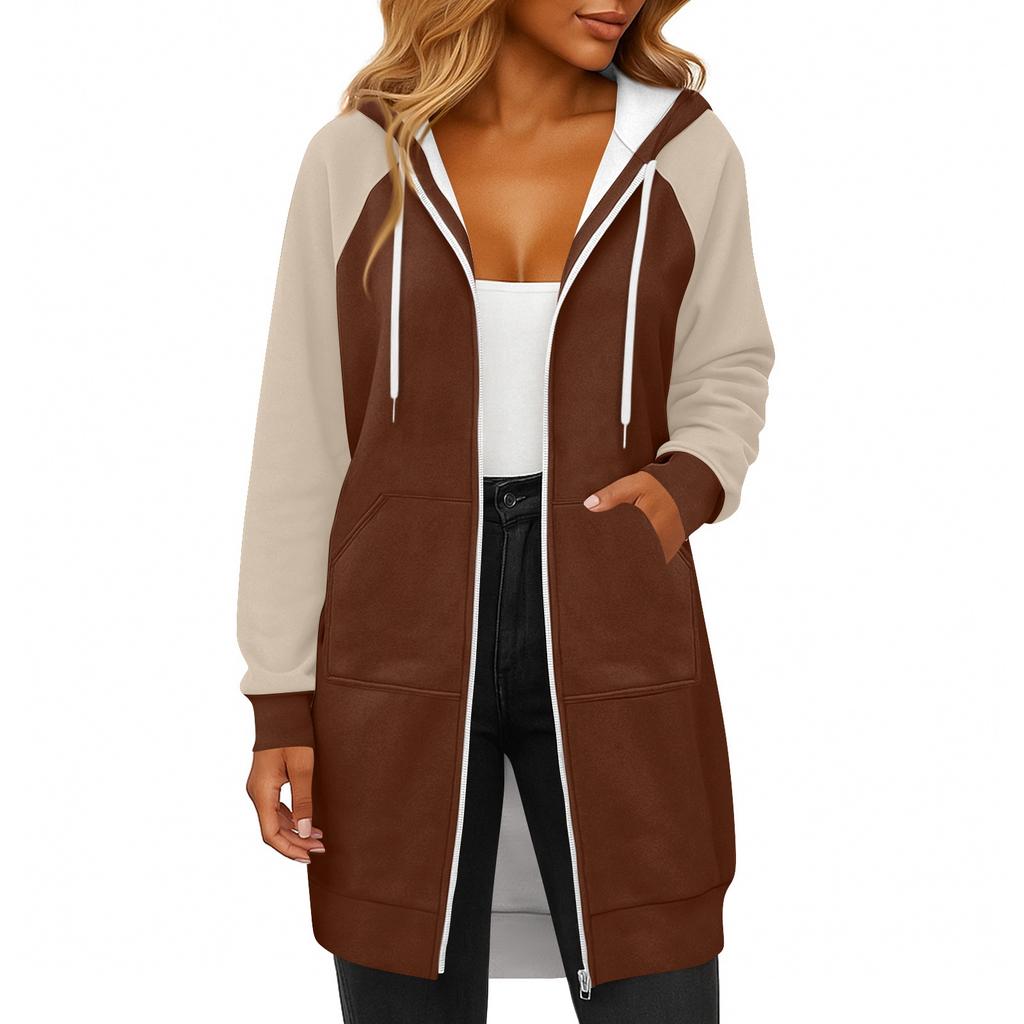Women's Fashionable Color Blocked Long Sleeved Drawstring Hooded Zipper Pocket Long Casual Sweatshirt Jacket