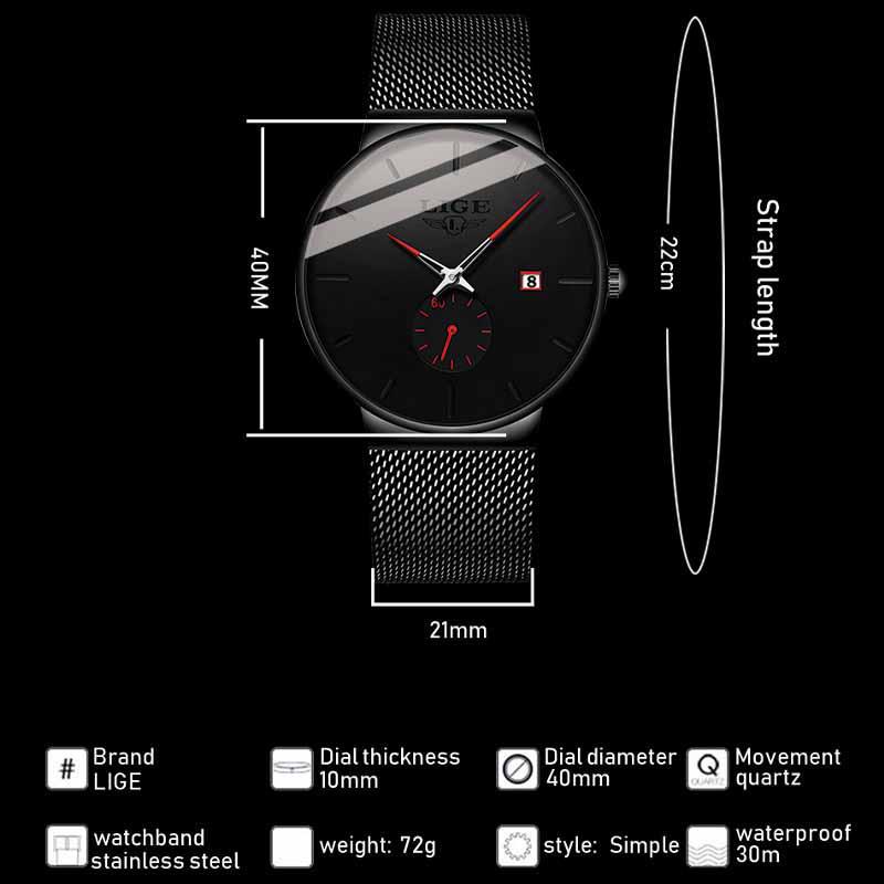 LIGE Watches Casual Waterproof Quartz Clock Mens Watches Top Brand Luxury Ultra-Thin Sports Watch