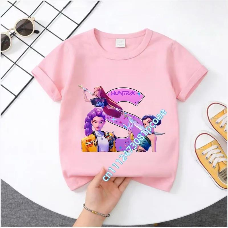 2026 New summer cotton T-shirt with letter A-Z cartoon print. K-Pop Demon Hunters. Children's short-sleeved girls' casual top.