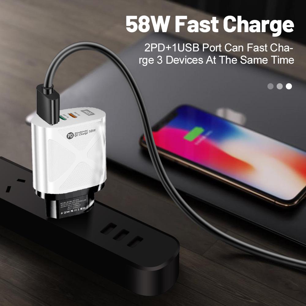 58W Dual Fast Charger with 2PD + QC3.0 for EU/US/UK/AU Plugs
