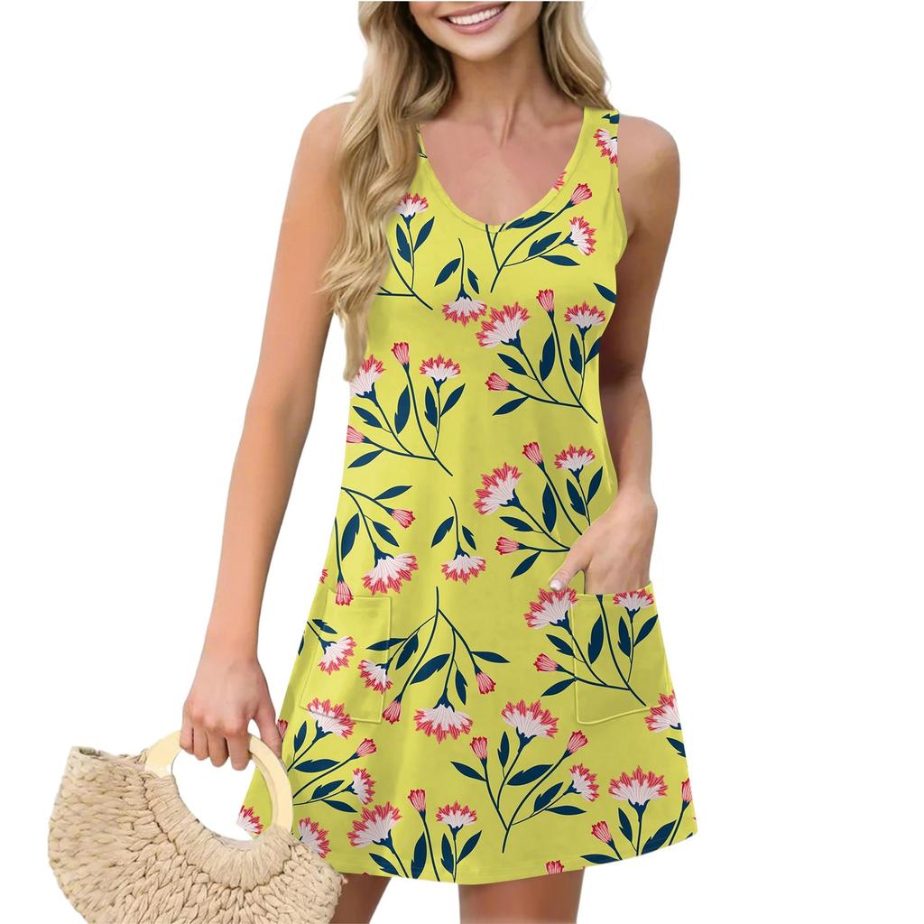 Женское повседневное летнее платье-жилет с карманами, цветочным принтом, V-образным вырезом, без рукавов