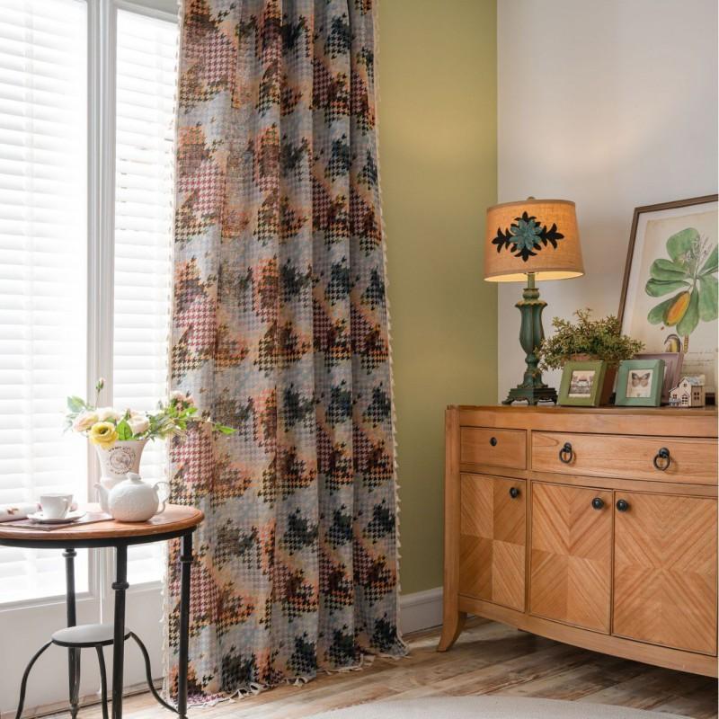 Decorative Jacquard Sheer Curtain With Tassel Trim Semi-Sheer Kitchen Balcony Window Cotton Blend