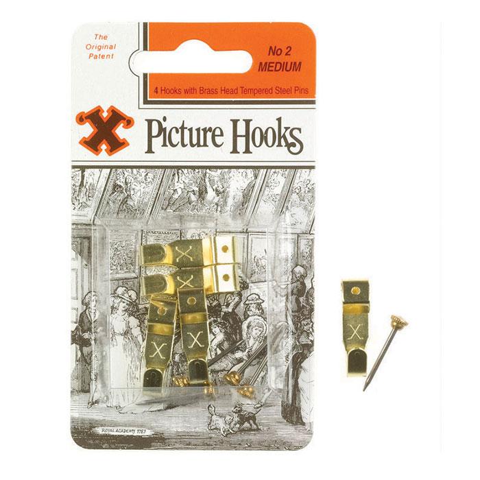 X Picture Hooks No 2 Brass Plated 4pk