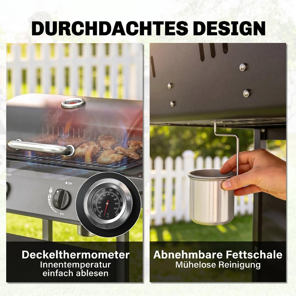 Gas Grill 5 KW 2 Burners BBQ Grill Cart Stainless Steel incl. Side Table, Lower Shelf, Front Cover, Thermometer, Enamel Grill Grate