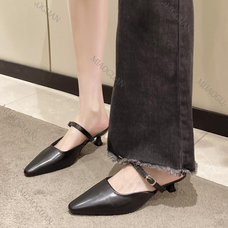 Fashion 2025 Spring Summer New Baotou Half Slippers High-heeled Shoes Fashion Shallow Mouth Elegant Mules Solid Color Slipper Sandals