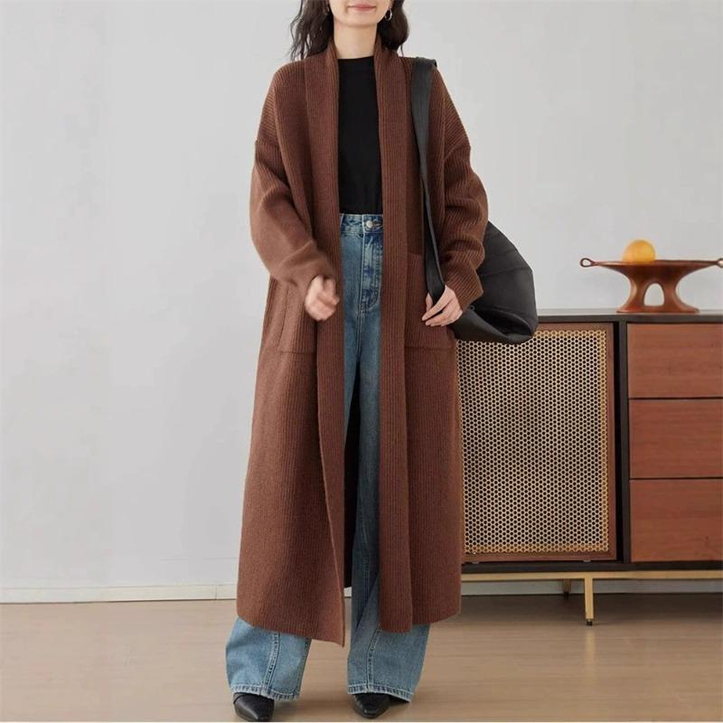 Осень и зима новый однотонный повседневный простой вязаный кардиган женский свободный ленивый стиль длинный свитер куртка