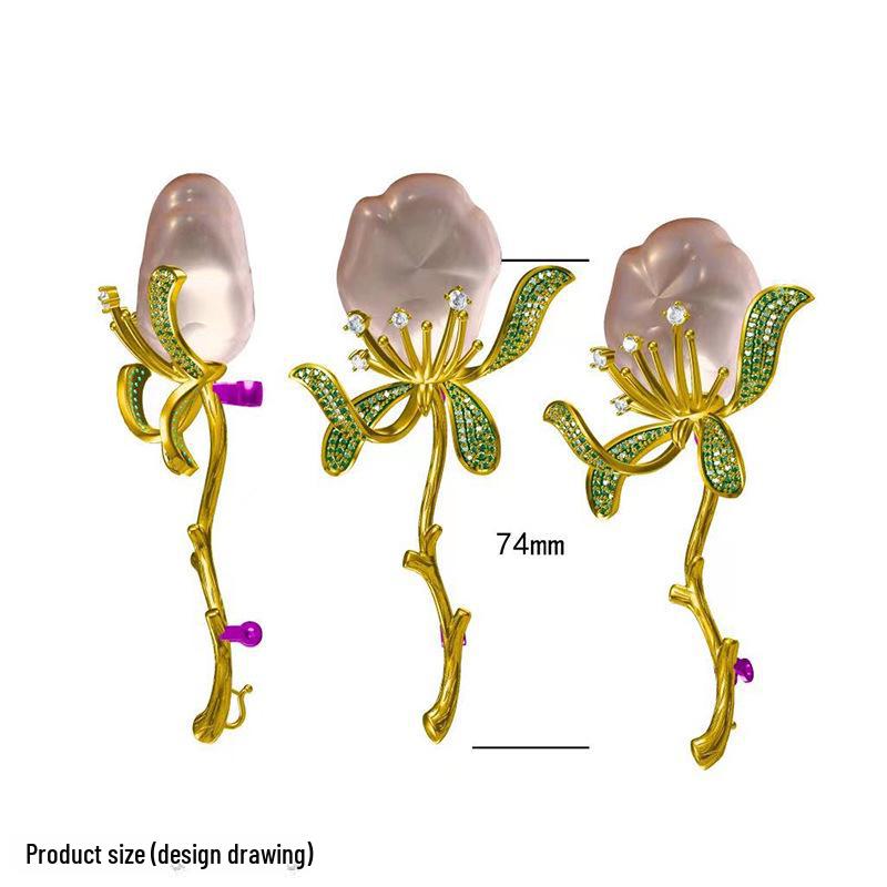 Baroque Pearl Rose Brooch with Zircon Inlay