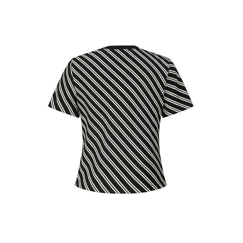 JUZUI fashion striped waist pleated round neck short sleeved T-shirt for women's summer collection