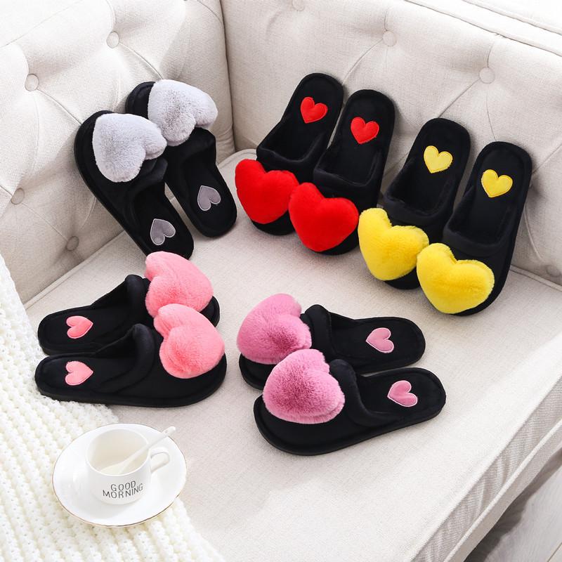 Women's Warm Winter Cotton Slippers - Non-Slip Cartoon Heart Design