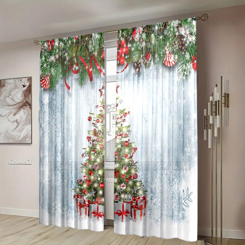 2 Pieces, Christmas Tree Snowflake Wooden Background Curtains -30% Blackout - Suitable for Living Room, Bedroom, Home Decoration