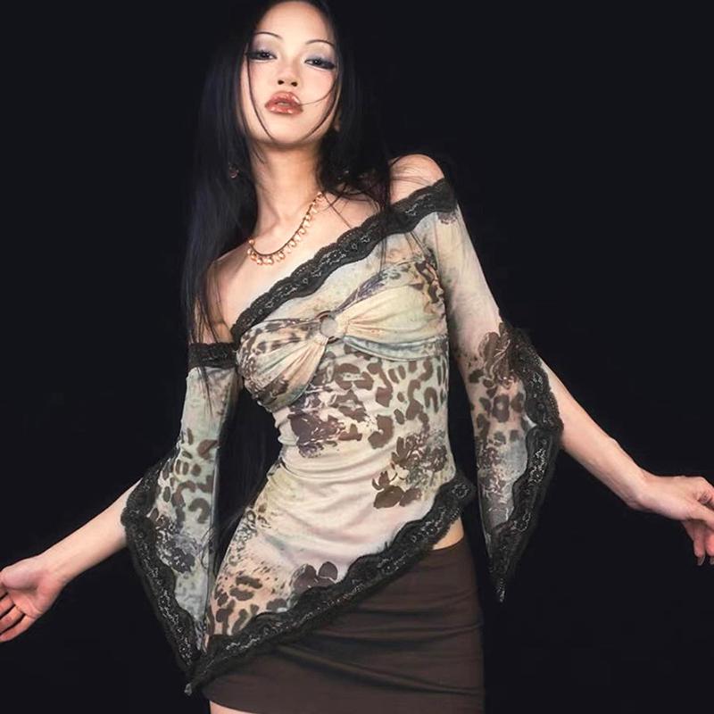 Y2K сексуальные кружевные сетчатые прозрачные футболки с готическим принтом с длинным рукавом трикотажные топы в стиле пэчворк винтажные женские летние уличные модели