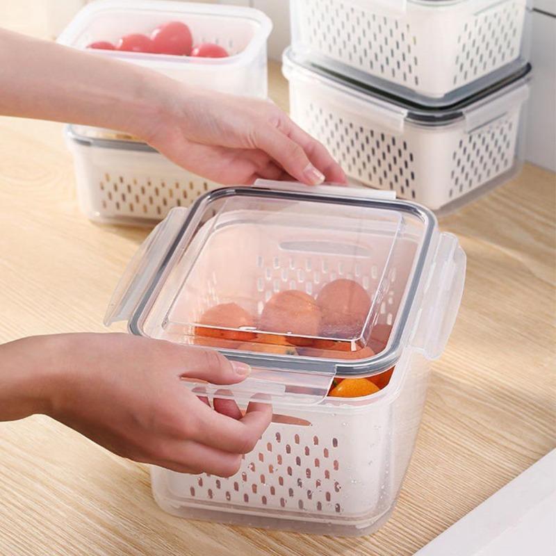 Fridge Storage Box Refrigerator Fresh Vegetable Fruit Boxes Drain Basket Storage Containers with Lid Kitchen Tools Organizer