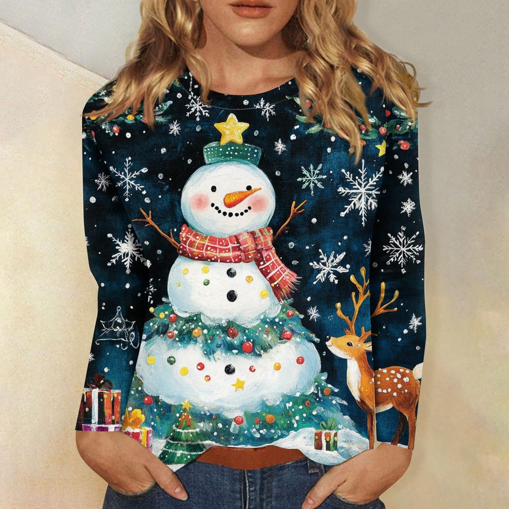 Рубашки с длинным рукавом для женщин Милые принты Футболки Блузки Повседневные Большие размеры Базовые топы Пуловеры Рождественские