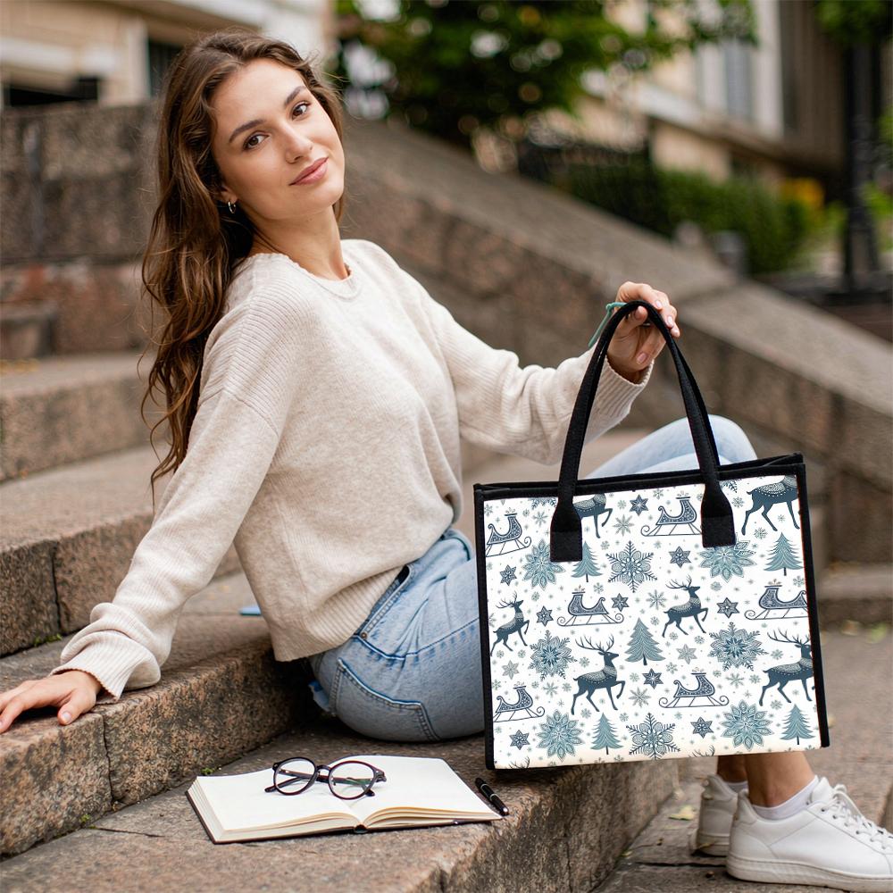 Winter Reindeer Snowflake Pattern Tote Bag Casual Portable Large Capacity Daily Grocery Shopping Shoulder Handbag
