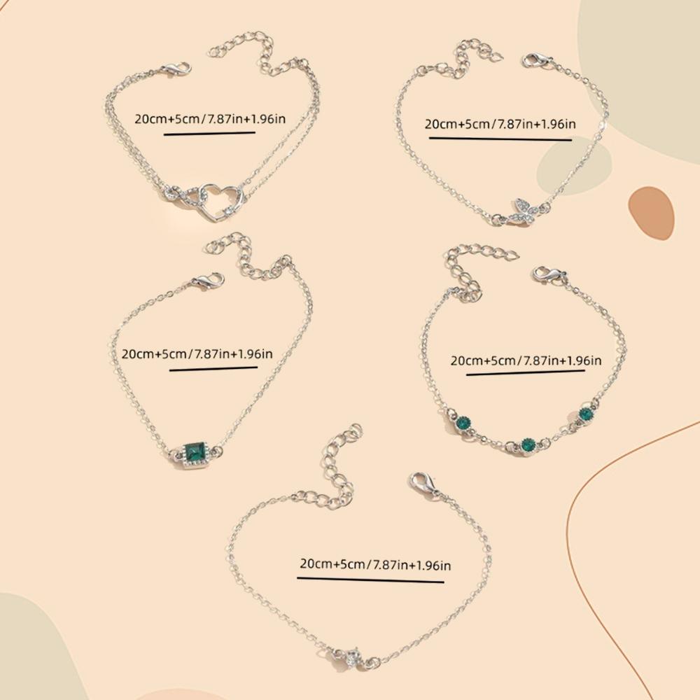 5 Piece Set Of Ladies Fashionable And Elegant Jade Sparkling Square Butterfly Heart Bracelet Wedding Birthday Zircon Gift Party