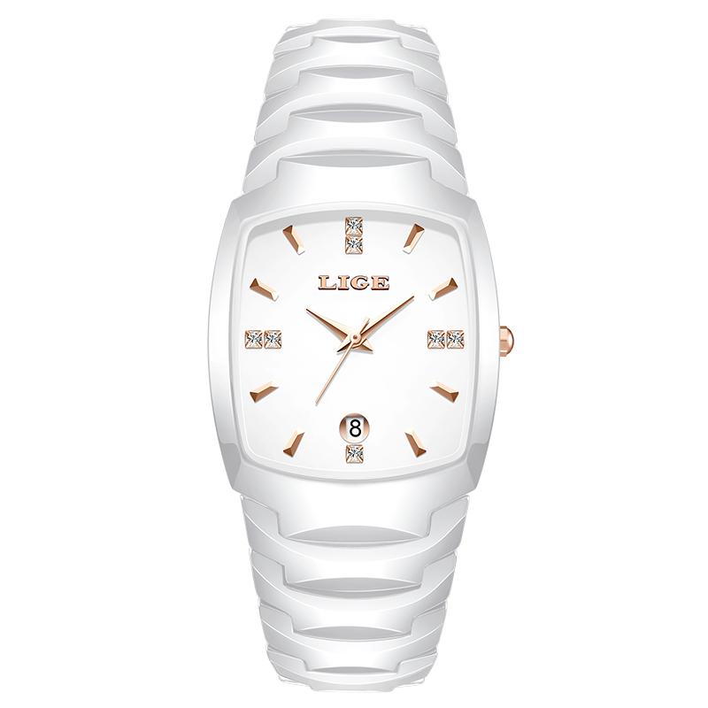LIGE Women's Wristwatch Elegant Bracelet Fashion Luxury Gift Calendar Ceramic Women Watch Quartz Exquisite Pink Clock Reloj+BOX