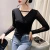 New Winter Irregular T-shirt for Women Long-sleeved Sexy Mesh Top Short Base Shirt