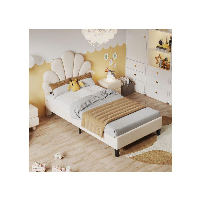 Lit d'enfant - MUVOE - 90 x 200 cm - Beige - Tête de lit fleurie - Montage facile