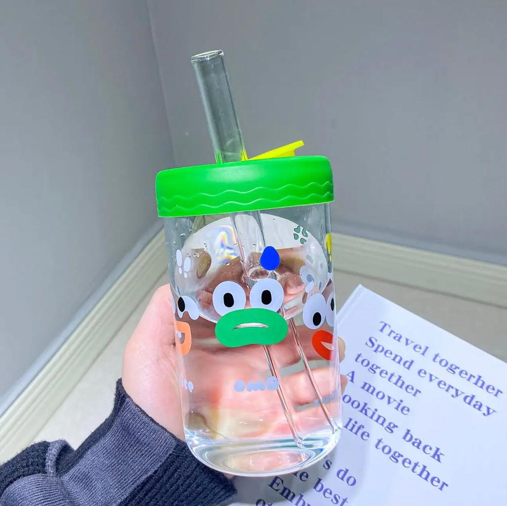 550ml Cute Kawaii Glasses With Lid and Straw Bubble Tea Cup Glass Cups For Coffee Mug Juice Can Milk Mocha Water Cup Drinkware