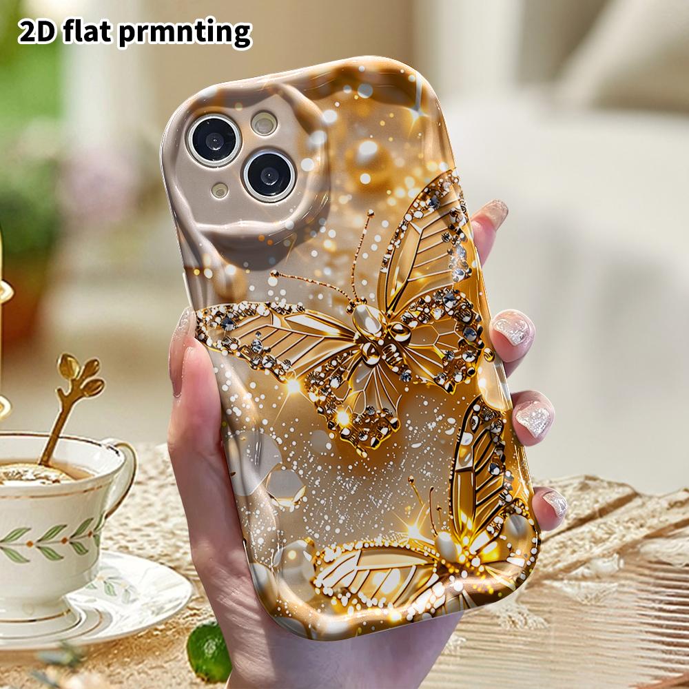 Phone case: 2D flat, fits iPhone 12, 13, 14, 15, 16, 17, 18 Pro, phone decoration, diamond-studded gold butterfly, perfect for Halloween and Christmas