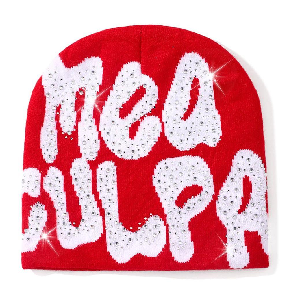 Trendy Stretch MEA Culpa Beanies Hat with Rhinestone Warm Soft y2k Beanies Hats Knitted Hip-hop Hat for Women Men