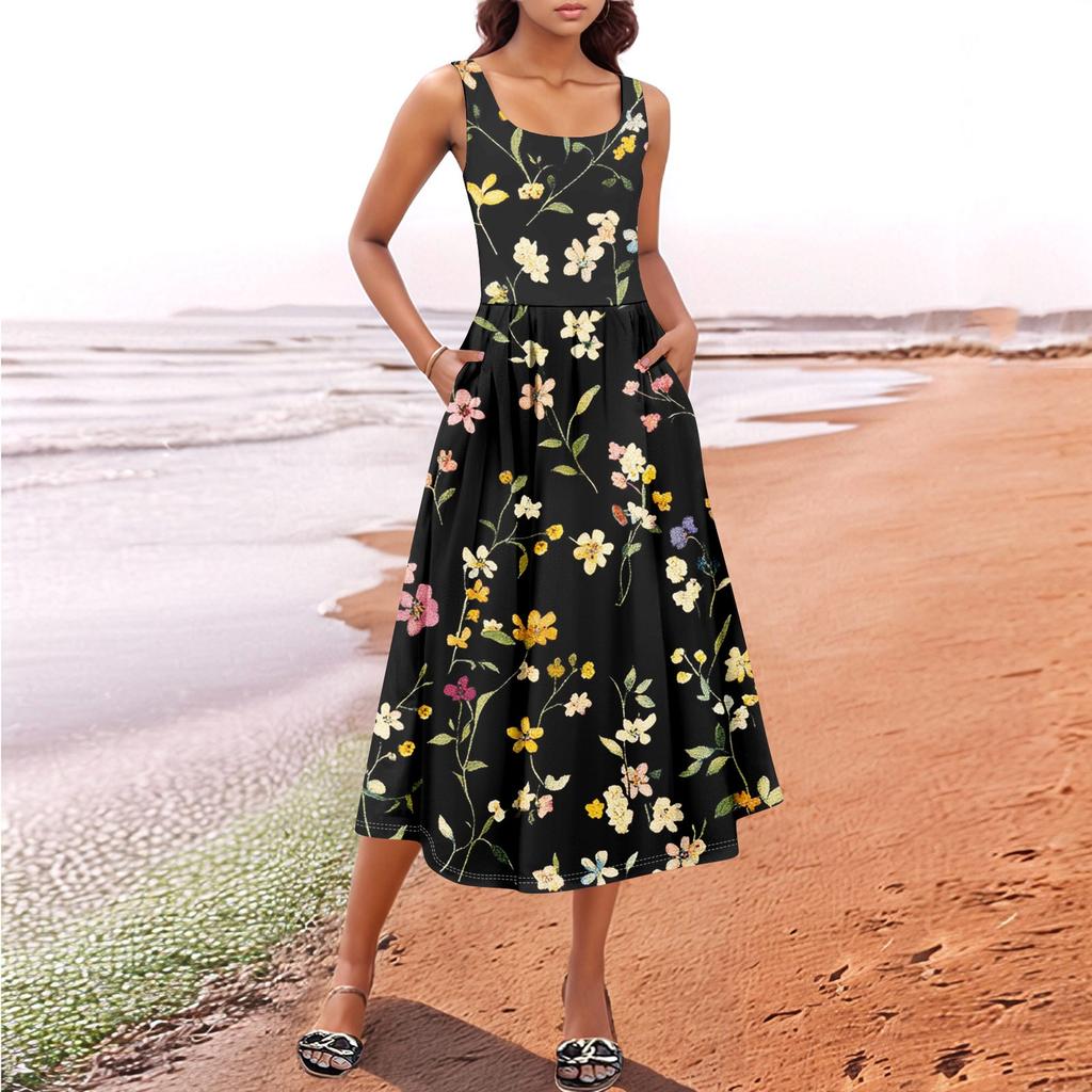 Women's  Summer Spring Casual Floral Sundress Sleeveless Beach Vacation Flowy Boho Tank Midi Dresses