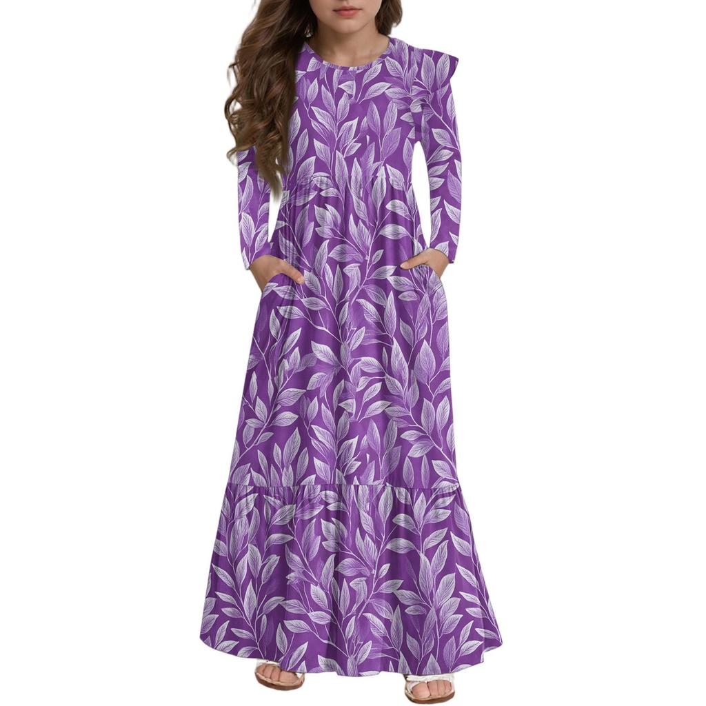 Girls' Tiered Ruffle Dress - Long Sleeve Printed Maxi With Pockets