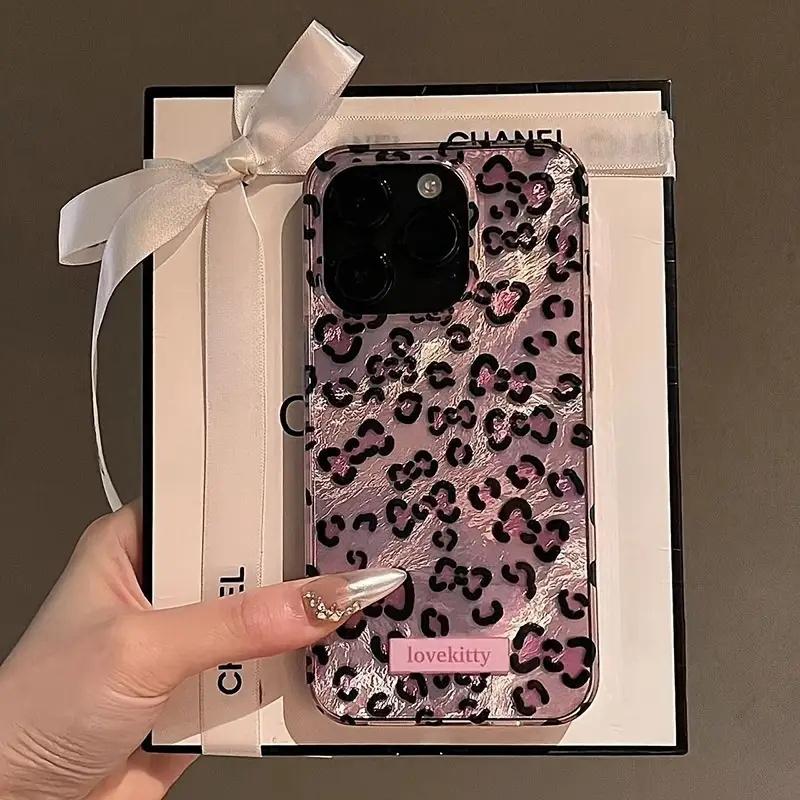 Pink Leopard Print Phone Case for IPhone 16 15 14 Pro Max 13 12 11 Pro Max16e 8 7 Plus SE XS XR X Tinfoil Pattern Cover