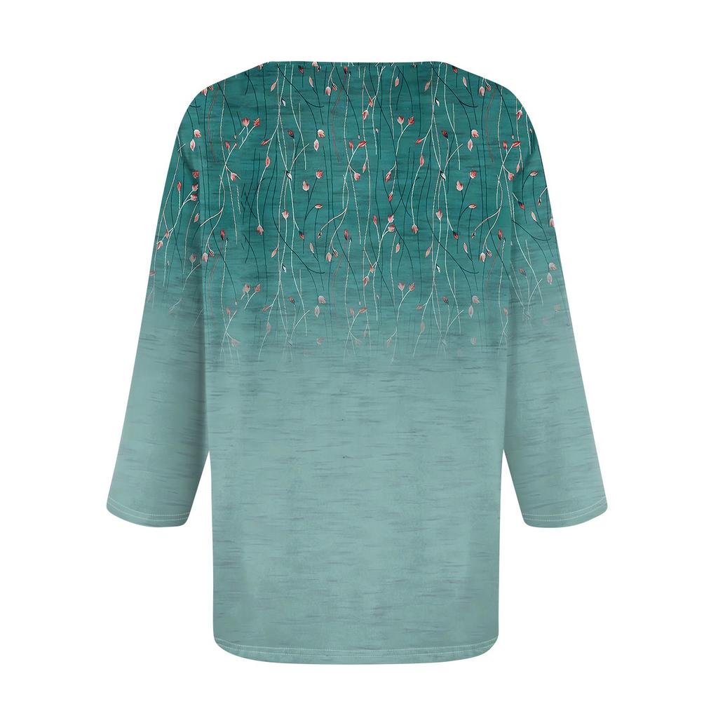 Женские рубашки с рукавом 3/4, топы с принтом и V-образным вырезом, повседневные топы, базовые футболки, блузки, свободные топы