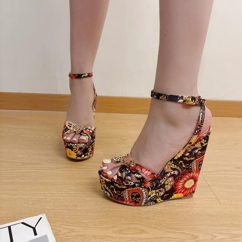 Fashion 16CM Wedges High Heels Sandals Women Open Toe Platform Butterfly Decoration Narrow Band Printed Ankle Buckle Strap Banquet Shoe